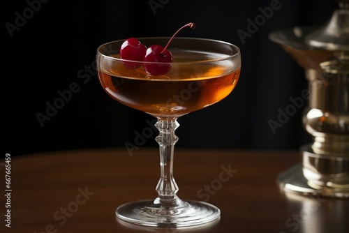 A classic whiskey cocktail with sweet vermouth, bitters, and a cherry garnish. Generative AI