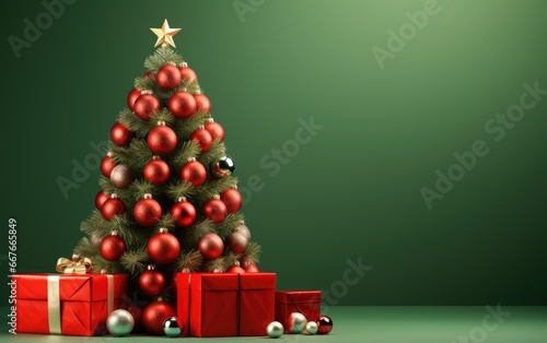 Christmas tree and gifts at the green background.