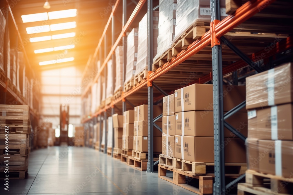 Product distribution center, Retail warehouse full of shelves with goods in cartons, with pallets and forklifts. Logistics and transportation concept.