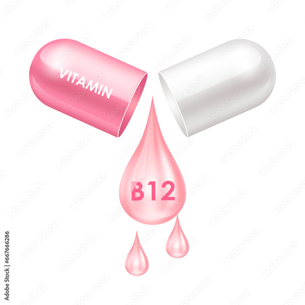 Capsule vitamin B12 (Thiamine) Isolated on cut out PNG. Structure pink opened as drop of water