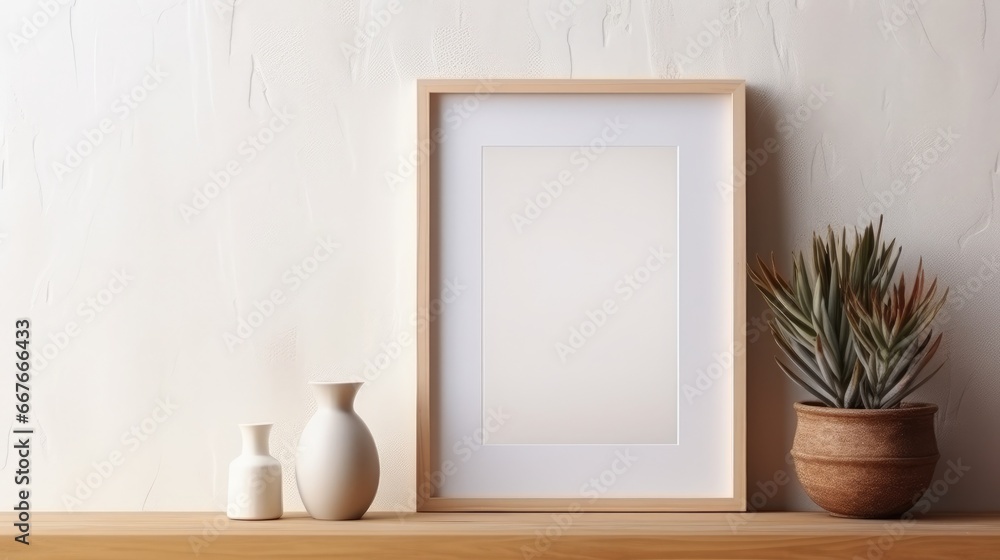 Blank vertical frame on a monochrome soft background in beige colors. Mock up for a photo or illustration Blank vertical frame on a monochrome soft background in beige colors. Mock up for a photo or illustration