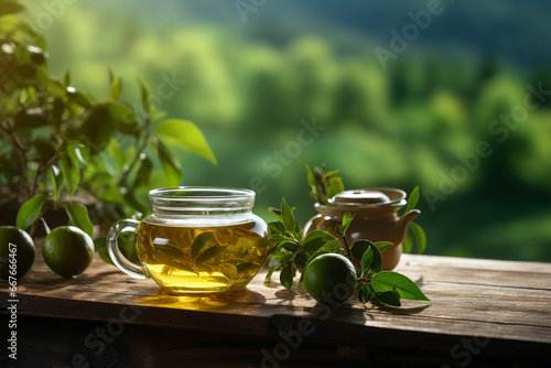 Green tea in glass cup and teapot on wooden table, nature background photo