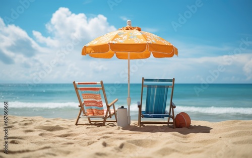 Beach chairs and umbrella on the beach at blue sky.