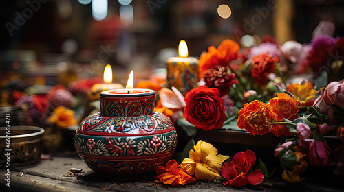 Mexican Catholic Altar Event with Candles and Flowers Defocused Background photo
