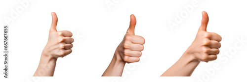 Women's hands with thumbs up sign isolated against a transparent background photo