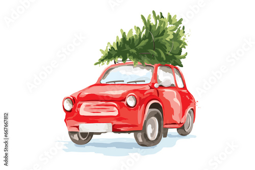  Red retro car with a christmas tree in the trunk on the roof. Christmas card in watercolor style drawing with Santa's car,  free hand drawing, vector illustrations.