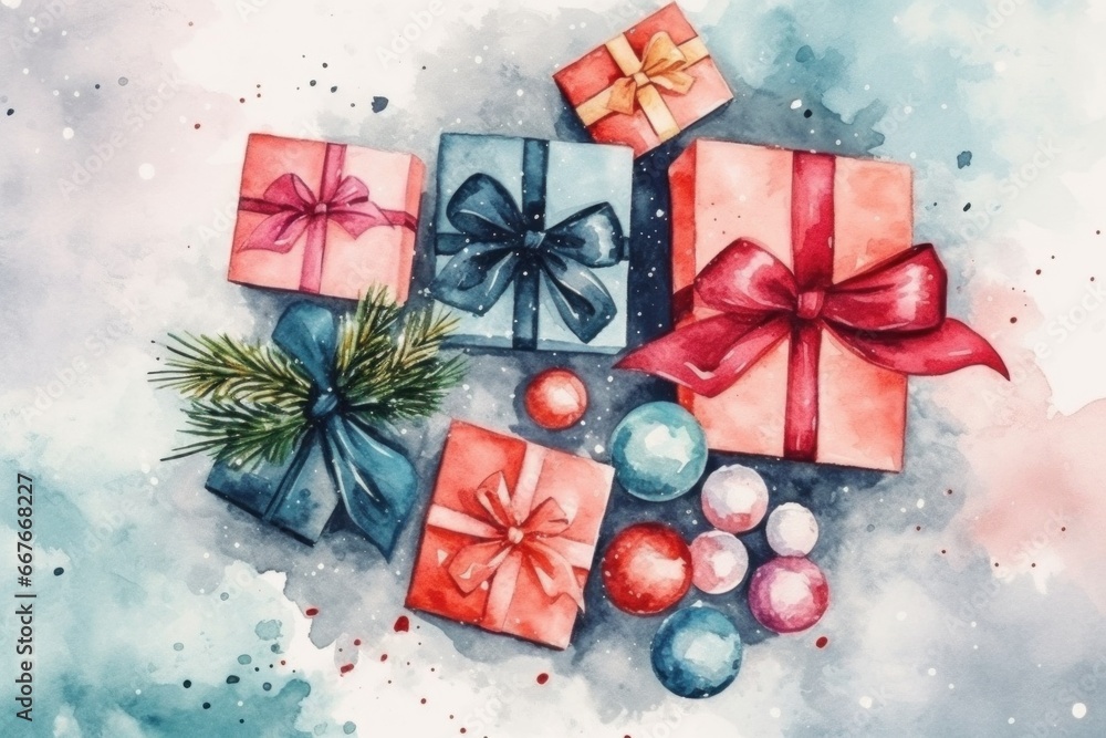 Colored wrapped gift boxes and Xmas balls on snow. Top view. Christmas sale image. Colored wrapped gift boxes and Xmas balls on snow. Top view. Christmas sale image.