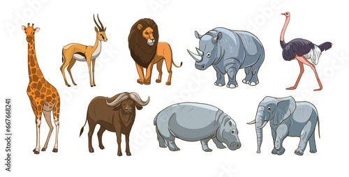 African animals, lion, elephant, gazelle, rhinoceros, cheetah, antelope, hippopotamus, rhinoceros, giraffe. Set of vector sketch illustrations
