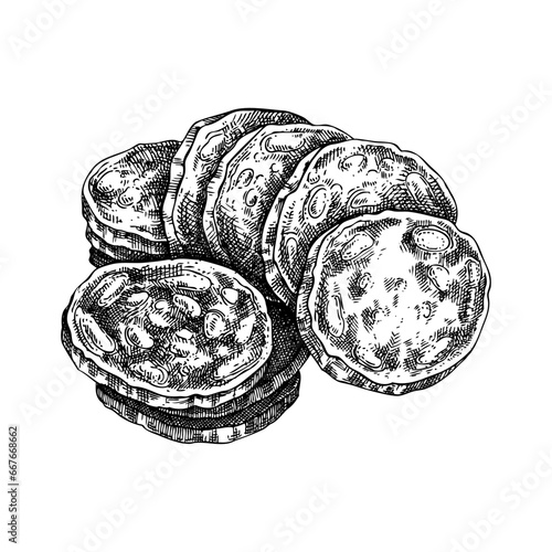 Chorizo sausages sketch. Hand drawn vector illustration. Engraved style food drawing isolated on white. Vintage meat product.