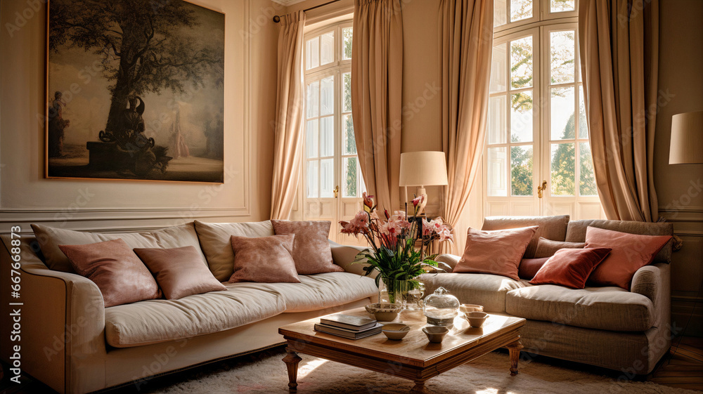 Fototapeta premium Comfortable living room interior with cozy pillows and blankets on a beige sofa in a bright sunny living room interior