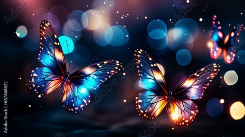 Luminous Butterflies Dance Amidst Ethereal Lights, Radiating Magic in the Mystical Celestial Night's Embrace.
