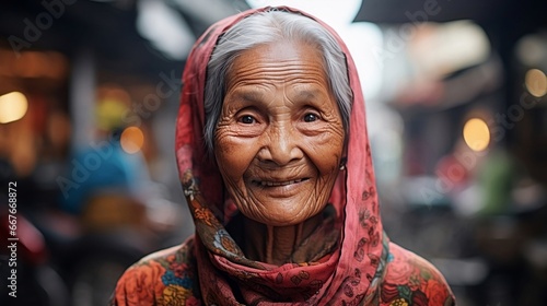 Portrait of happy, healthy elderly asian lady smiling in headscarf