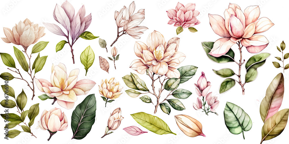 Set of Magnolia flower Pink and beige color Watercolor, spring collection of hand drawn flowers ,wedding invitations, Botanical plant illustration , elegant watercolor ,transparent background, PNG.