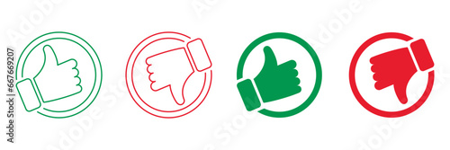 Thumb Up, Thumb Down Line and Silhouette Icon Set. Good and Bad Gesture Button Red and Green Sign. Like and Dislike Pictogram Collection. Social Media Feedback Symbols. Isolated Vector Illustration