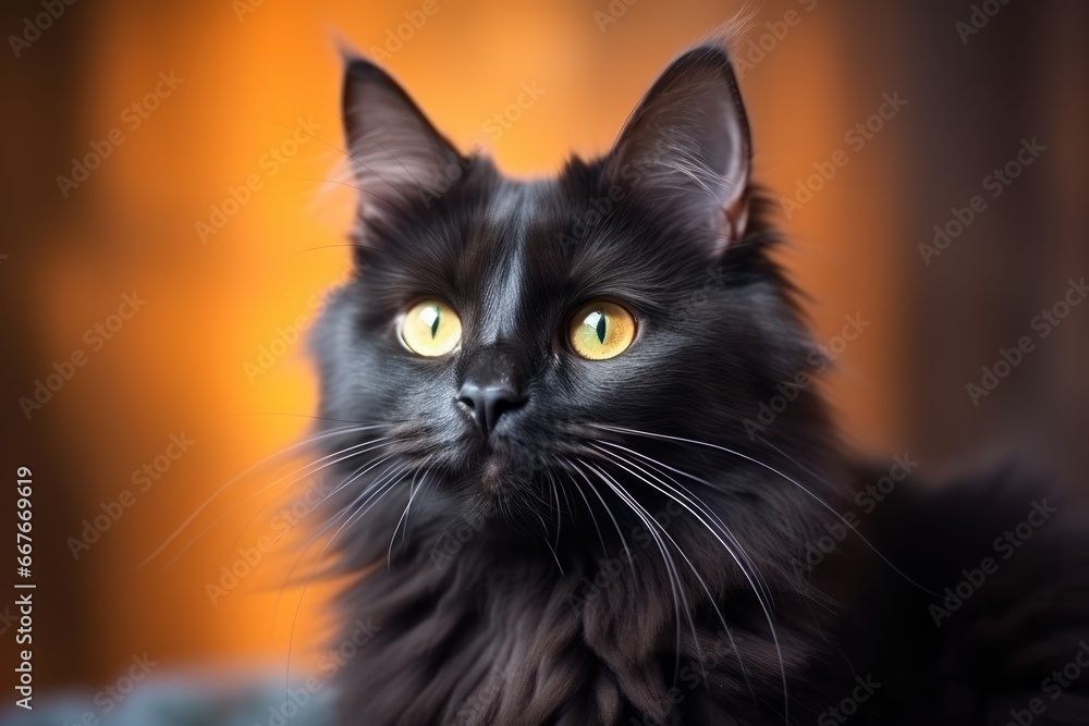 Black fluffy cat on a light background for Halloween, orange eyes