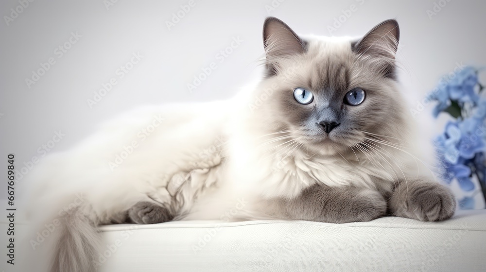 Portrait of a beautiful Burmese cat with blue eyes. Light background