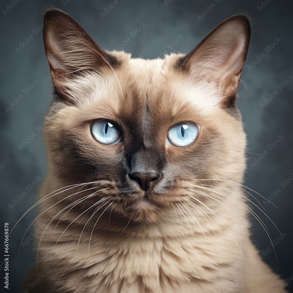 Portrait of a beautiful Burmese cat with blue eyes. Light background