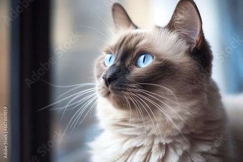 Portrait of a beautiful Burmese cat with blue eyes. Light background photo