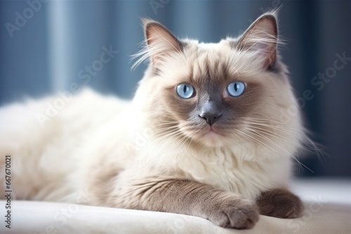 Portrait of a beautiful Burmese cat with blue eyes. Light background © Daniil