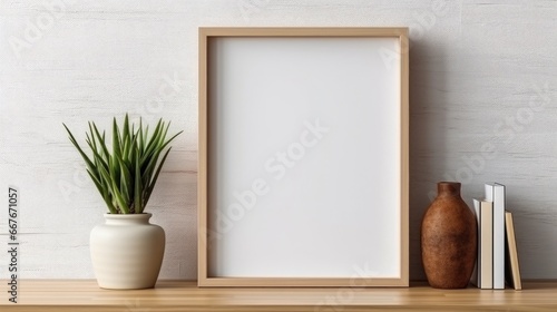 Blank vertical frame on a monochrome soft background in beige colors. Mock up for a photo or illustration