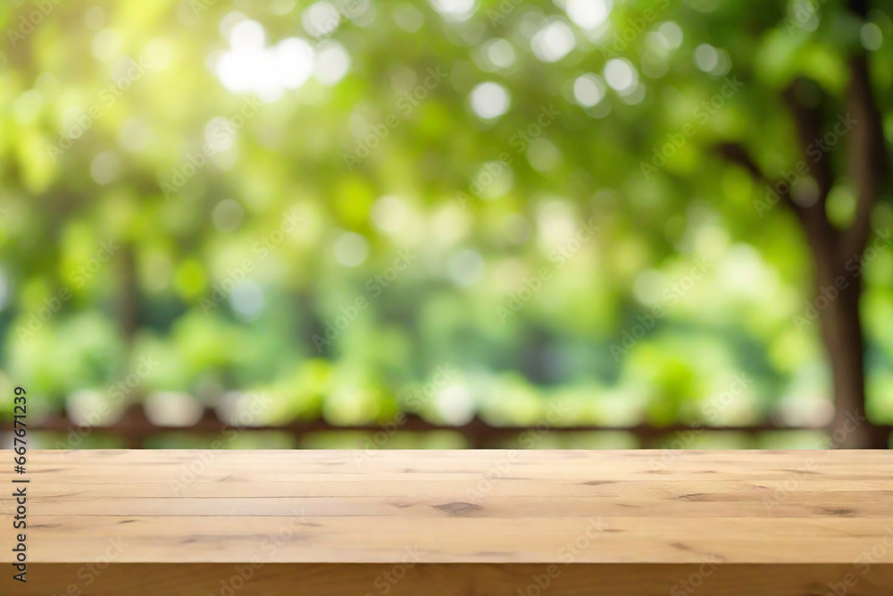 Empty wood table top and blurred view from green tree garden bokeh background. Product and food display Empty wood table top and blurred view from green tree garden bokeh background. Product and food display