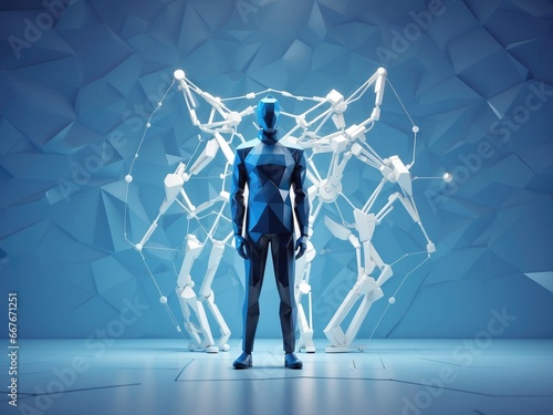 A figure of a low-polygon man stands tall, positioned against a backdrop of vibrant blue representing technology.