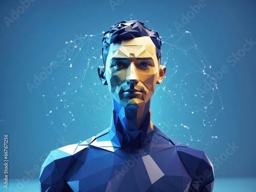 A figure of a low-polygon man stands tall, positioned against a backdrop of vibrant blue representing technology.