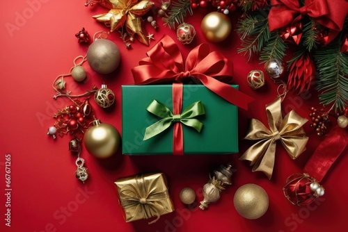 A festive environment with Christmas gifts and decorations on a flat red background. Perfect for holiday marketing and advertising. Green and red gifts are usually predominant.