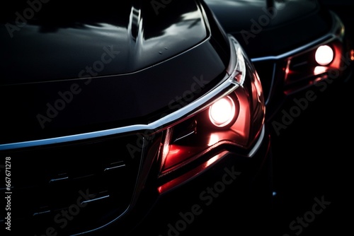 Illuminated car lights emerging from the dark. Generative AI © Andromeda