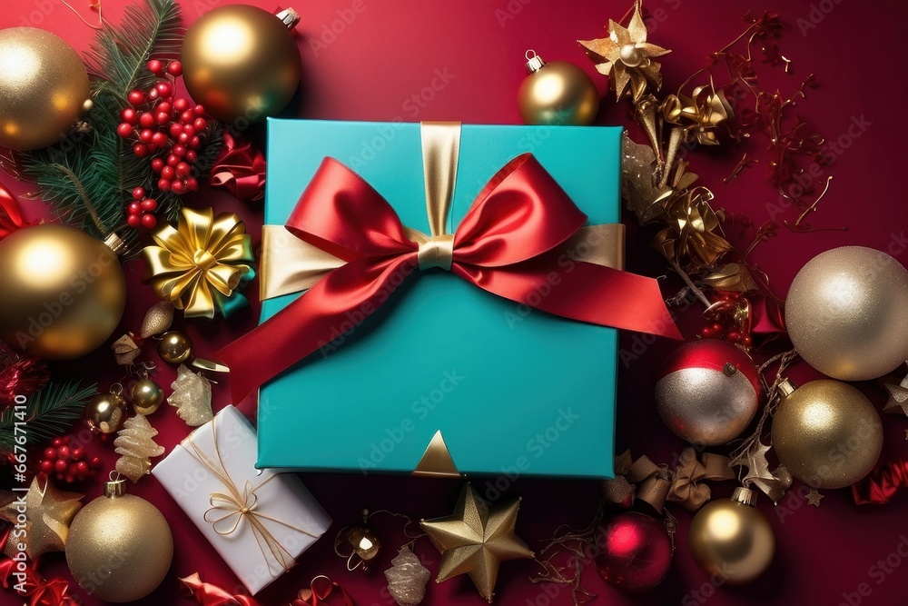 A festive environment with Christmas gifts and decorations on a flat red background. Perfect for holiday marketing and advertising. Green and red gifts are usually predominant. A festive environment with Christmas gifts and decorations on a flat red background. Perfect for holiday marketing and advertising. Green and red gifts are usually predominant.