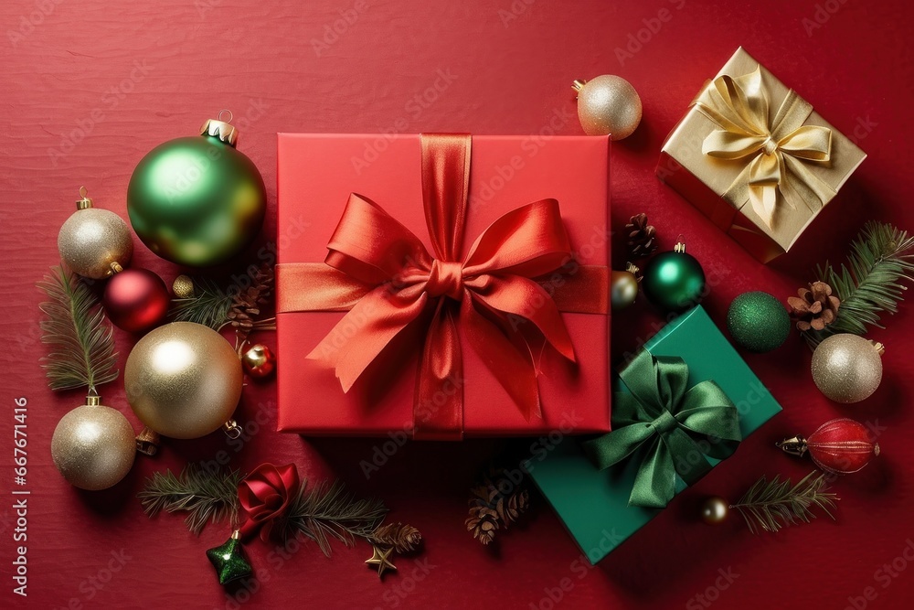 A festive environment with Christmas gifts and decorations on a flat red background. Perfect for holiday marketing and advertising. Green and red gifts are usually predominant. A festive environment with Christmas gifts and decorations on a flat red background. Perfect for holiday marketing and advertising. Green and red gifts are usually predominant.