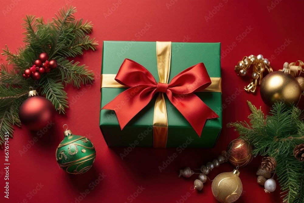 A festive environment with Christmas gifts and decorations on a flat red background. Perfect for holiday marketing and advertising. Green and red gifts are usually predominant. A festive environment with Christmas gifts and decorations on a flat red background. Perfect for holiday marketing and advertising. Green and red gifts are usually predominant.