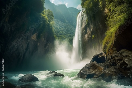 Captivating: stunning view of a majestic waterfall captured with advanced technology. Generative AI