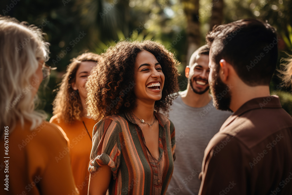 A diverse group of people laughing together, perhaps in a park or a casual setting A diverse group of people laughing together, perhaps in a park or a casual setting