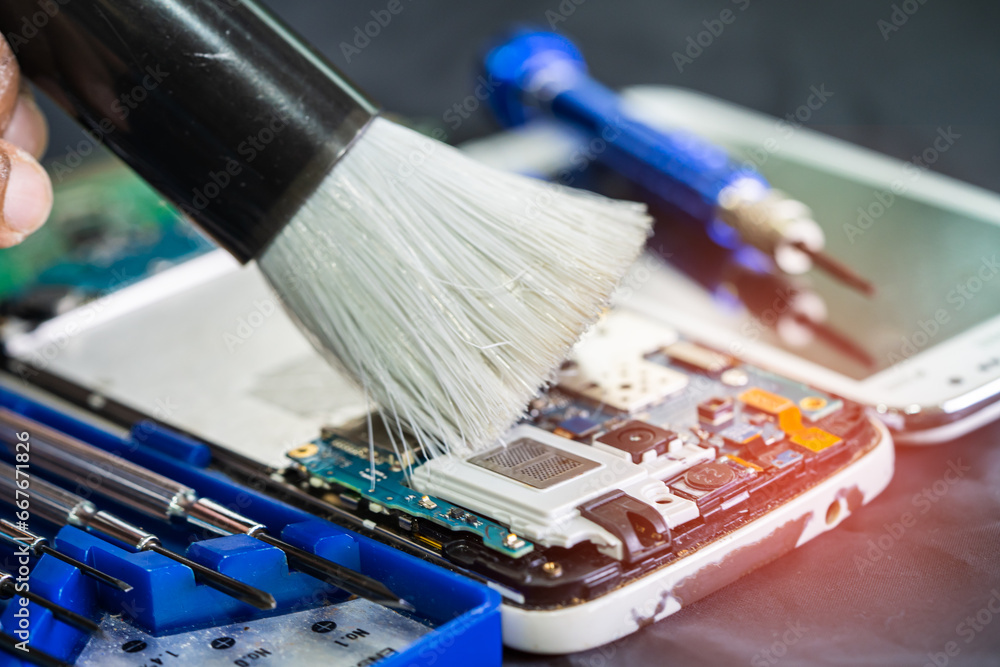 Asian technician repair and cleaning dirty micro circuit main board of
