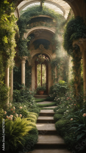Enchanting garden inspired by the Art Nouveau movement  featuring organic  flowing lines and lush vegetation.
