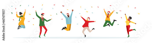 Happy people at a Christmas and New Year's corporate party. Positive men and women dancing and having fun. Set of modern vector characters.