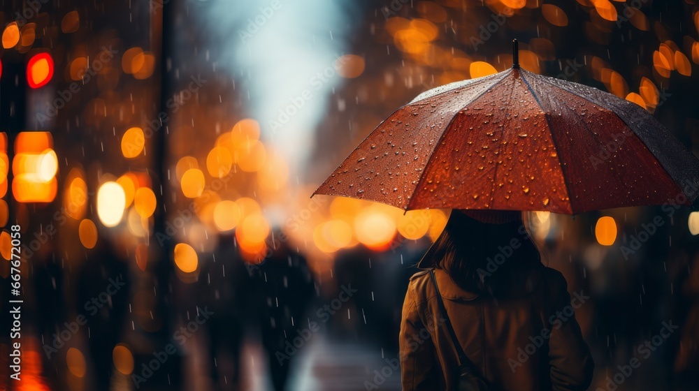 Generated A woman walking down a city street in the rain holding her orange umbrella under the glow of the city lights.