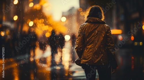 A woman walking down a city street in the rain illuminated by the city lights.