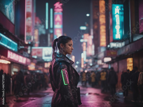 Girl in a bustling cyberpunk street with neon signs, holographic billboards, and characters with cybernetic enhancements.
