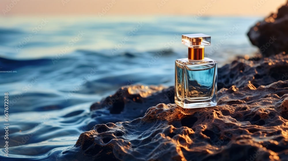 Dark blue perfume bottle on a rock in front of an ocean sea, blur the