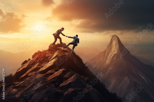 Businessman helping friend to reach on top of mountain with sun rising background. Teamwork concept. © Golden House Images