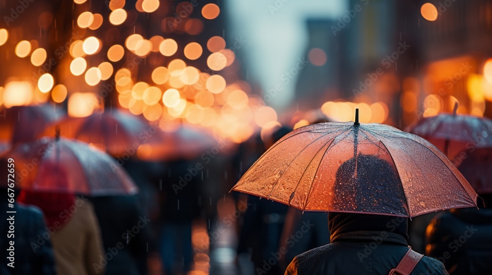 People Walking Under Umbrellas on City Street at night.