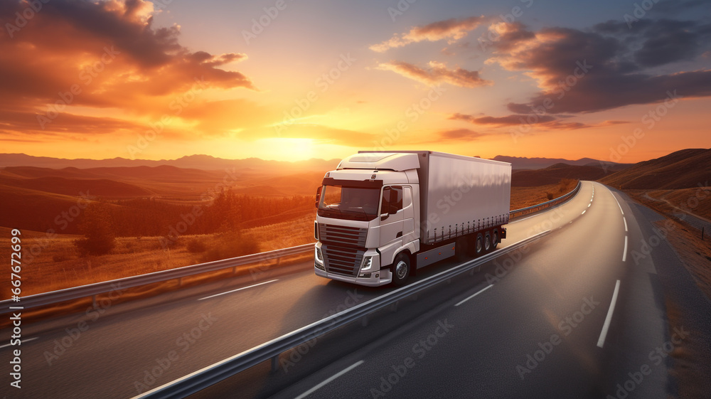 Top view of logistic transport truck with sun rising background. Top view of logistic transport truck with sun rising background.