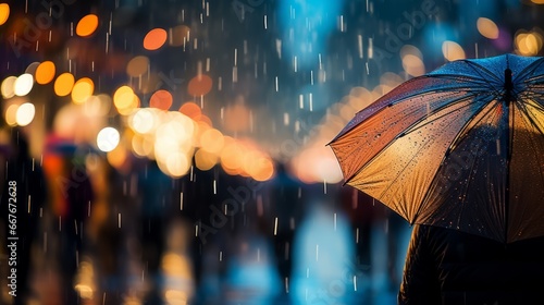 A person holding an umbrella in the rain on a busy street at night photo