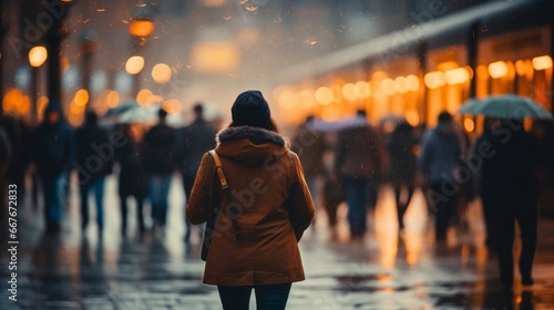 A woman walking down a busy street without an umbrella in the rain.