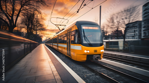 Blurred modern train swiftly moves through a train station, its speed blurred against the tranquil hues of sunset