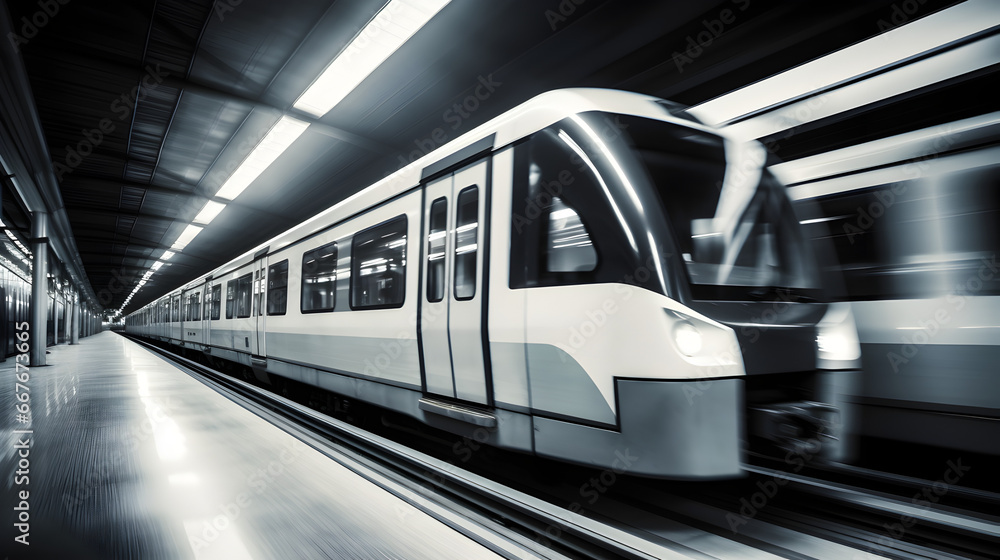 Blurred black and white modern train swiftly moves through a train station. Blurred black and white modern train swiftly moves through a train station.