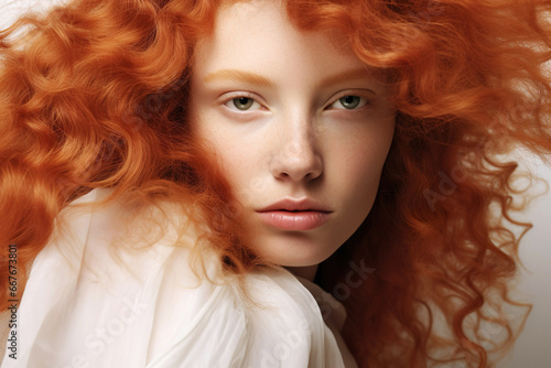 A beautiful and glamorous young woman with red hair and freckles.