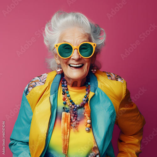 Stylish Pink Studio Vibes: Hip Older Woman in Colourful Attire, wearing Sunglasses